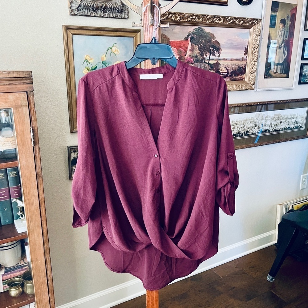 Lush cross front roll tab sleeve lightweight button hi-lo blouse SZ S burgundy - Picture 2 of 8